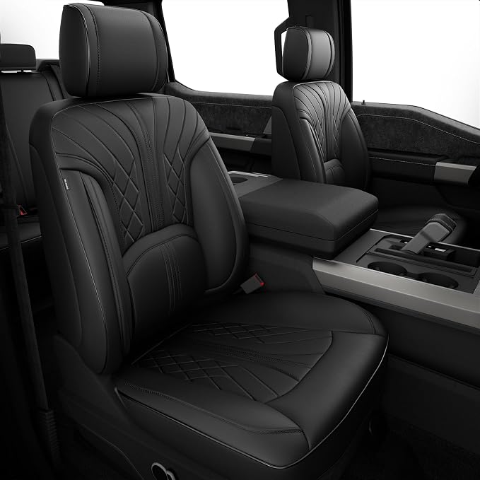 FREESOO Leather Seat Covers for Ford F150 SuperCrew 2015-2026 Front Seats | Fits F250/F350/F450 Super Duty 2017-2026, Custom Fit, Waterproof, Bucket Seat, Airbag Compatible, Lumbar Support, Easy-clean