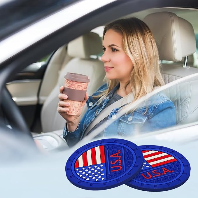 AUCELI 2 Pack Car Cup Holder Coasters, Colored American Flag US Flag Insert Car Cup Coaster, 2.75 Inch Anti Slip Shockproof Embedded Drink Mat, Vehicle Interior Decor Accessories