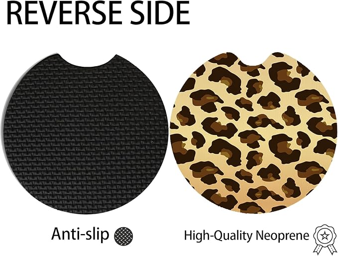 2pcs Cute Leopard Print Car Coasters,Absorbent Universal neoprener Cup Holder Coasters with a Finger Notch,Car Accessories for Women&Man Interior，2.75" 2
