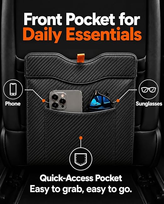 COZILO Leather Car Trash Can, Leak-Proof Odor-Lock Car Garbage Can with 60 Liners, Magnetic Closure & Liner-Hold, Storage Pocket, Metal Hooks, Hanging Car Trash Bin for SUV Sedan Truck, Carbon Fiber