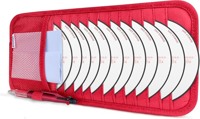 CD Case Holder for Car - Sun Visor Organizer for 12 CD’s/Dvd’s, 1 Mesh Pocket & 1 Horizontal Pen Holder - Safe, Ergonomic Design (Red)