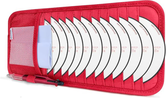 CD Case Holder for Car - Sun Visor Organizer for 12 CD’s/Dvd’s, 1 Mesh Pocket & 1 Horizontal Pen Holder - Safe, Ergonomic Design (Red)