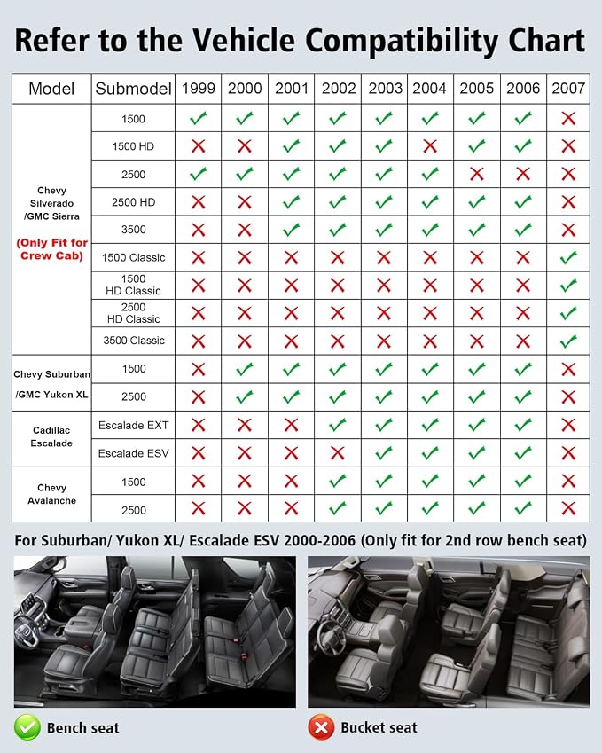 Floor Mats 1999-2006 for Chevy Silverado & GMC Sierra Crew Cab | 1500 2500 2500HD 3500HD, 2007 Silverado Sierra Classic Body, 2000-2006 Suburban/Yukon XL/Escalade ESV (2nd Row Bench Seat)