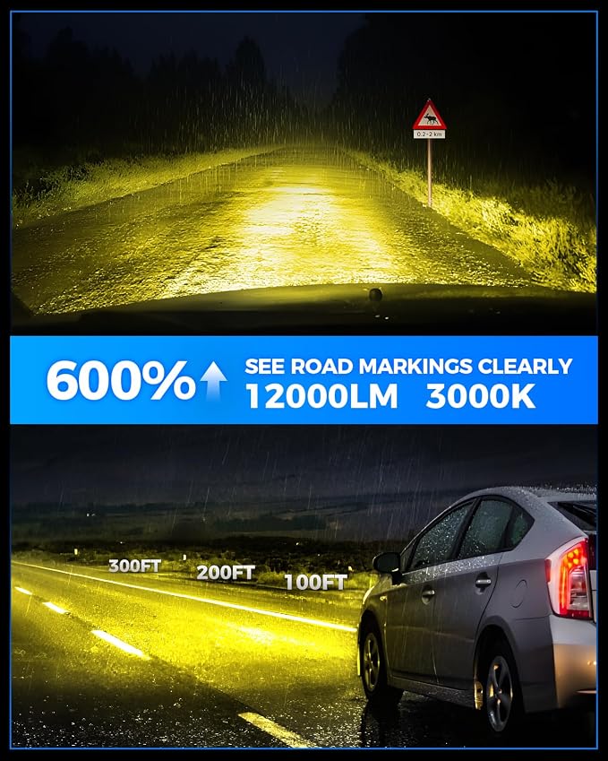 Marsauto H3 LED Bulb Yellow, 12,000LM Super Bright H3 Yellow LED Fog Light Bulbs, 6000K Cool White Fit for Fog Lights & DRL, Plug-Play Canbus Ready, Pack of 2