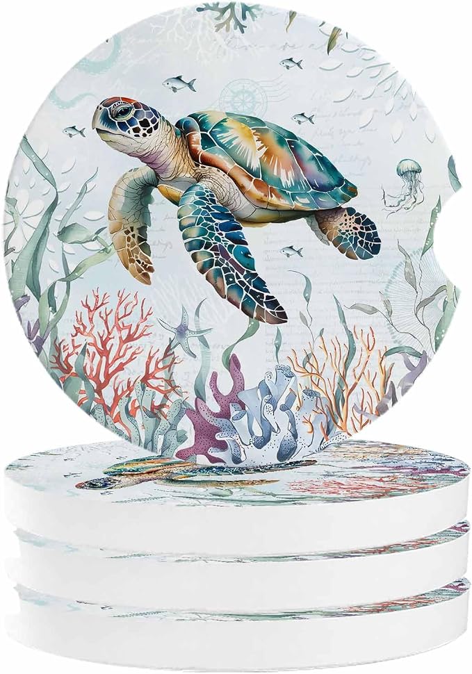 Small Car Coasters for Cup Holders 2.6" Dia Absorbent Coasters Set of 4 Car Interior Accessories for Women Men Summer Ocean Sea Turtle Ceramic Car Coaster for Drinks with Finger Grooves