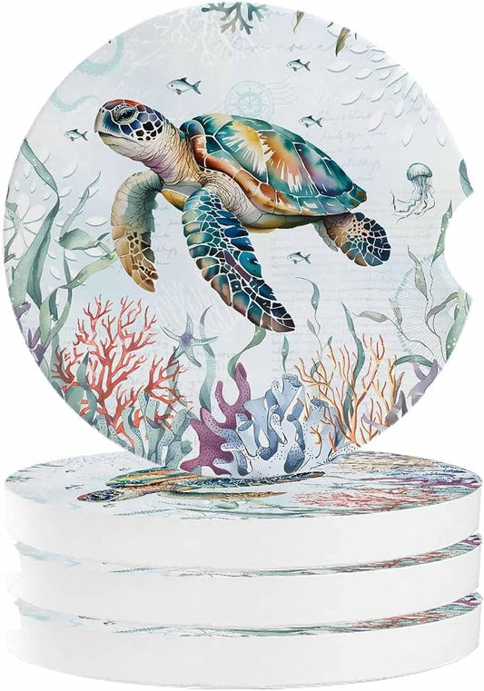 Small Car Coasters for Cup Holders 2.6" Dia Absorbent Coasters Set of 4 Car Interior Accessories for Women Men Summer Ocean Sea Turtle Ceramic Car Coaster for Drinks with Finger Grooves