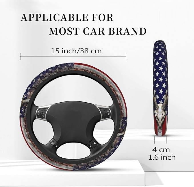 Camouflage Deer American Flag Steering Wheel Cover for Men | Anti-Slip Elastic Breathable Soft Rubber Car Steering Wheel Protective Cover, Universal 15 Inch Fit for Cars, Auto, SUVs