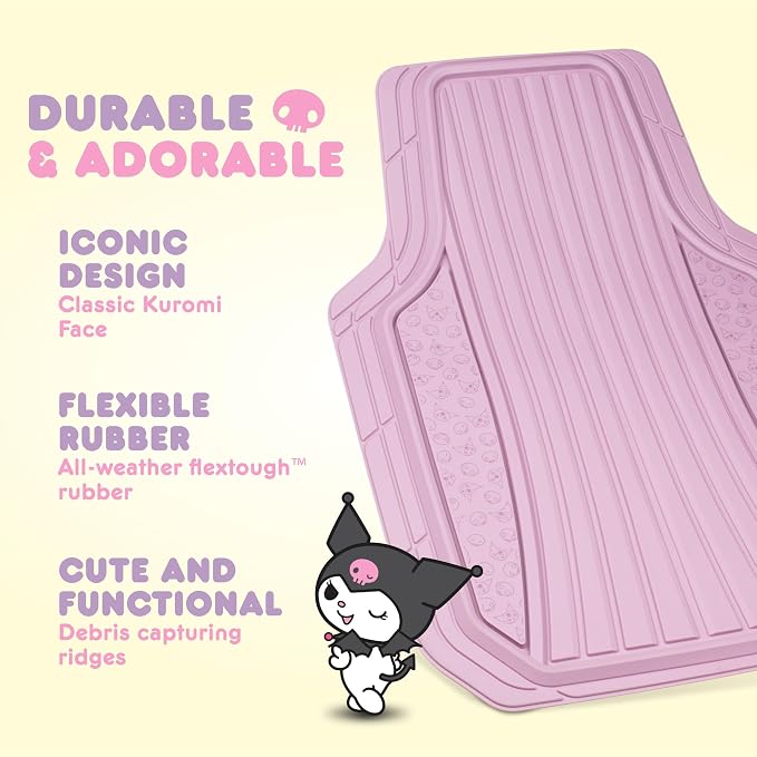 Kuromi Car Mats 4pc Floor Mats for Cars Trucks SUVs Lavender Purple Car Floor Mats for Women Men Accessories Rubber Heavy Duty Cute Non-Slip Always Front Rear Hello Kitty Pink Car Accessories