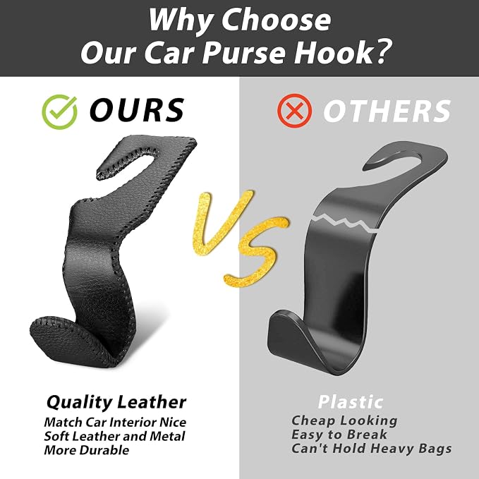 Purse Hook for Car Seat Headrest, Seat Back Storage Hook | Premium Stitched Leather, Holds 55lbs, Universal Car Trip Essentials, For Hanging Handbags Groceries Backpack