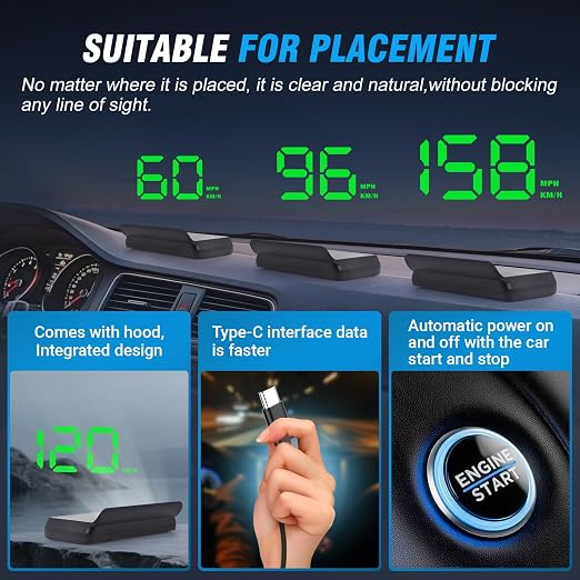W2 Heads Up Display for Cars,Speedometer with Overspeed Alarm,Automatic Brightness Adjustment,Triple Over-Speed Alarm,LED Large Font,Built in Sun Visor,Plug & Play USB HUD Fit for All Vehicles(Green)