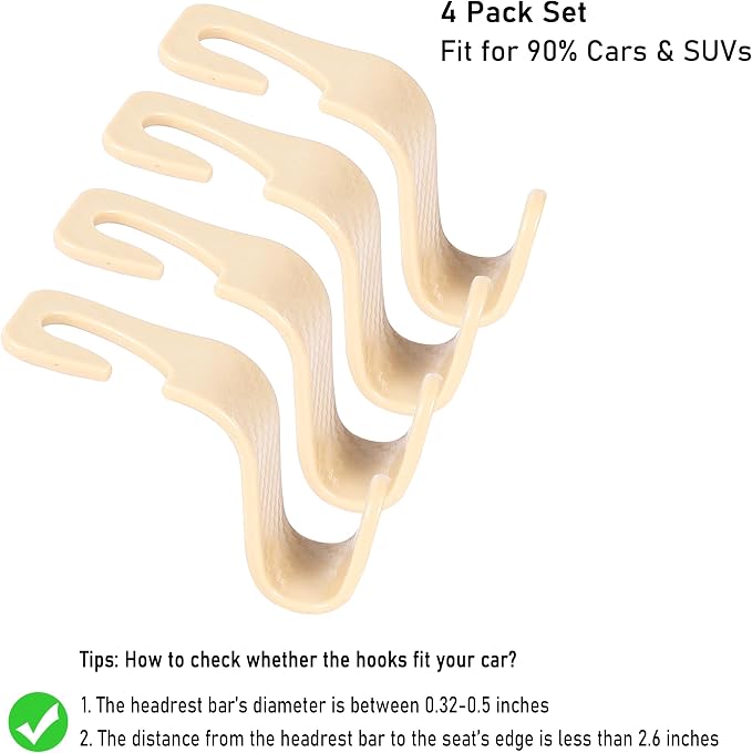 Car Seat Headrest Hook Universal Vehicle Seat Hook Hangers Interior Storage Organizer for Purse Handbag Coats Umbrellas Grocery Bags 4 Pack Beige