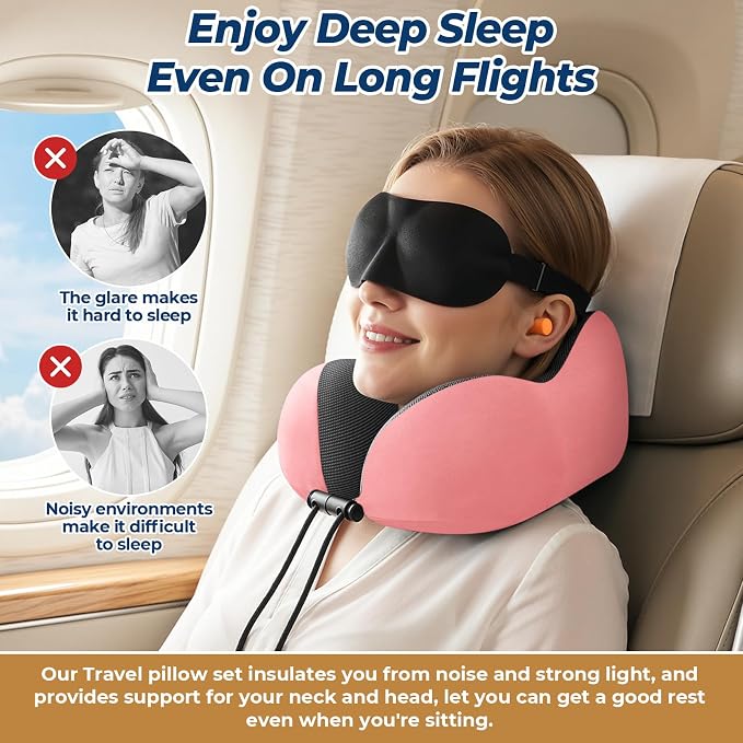 ExploreBliss Travel Pillow, Travel Pillows for Sleeping Airplane, Neck Pillow Airplane, Memory Foam Neck Pillow Set with Eye Mask, Earplugs and Storage Bag -Pink