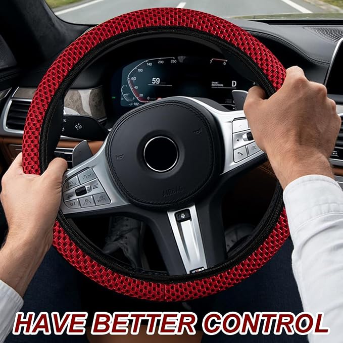 Breathable Elastic Steering Wheel Cover,15 Inch Stretch Steering Wheel Protector,Microfiber Ice Silk Anti-Slip Car Wheel Cover,Odorless Comfort Grip Interior Accessory for Cars SUV Truck（Red）