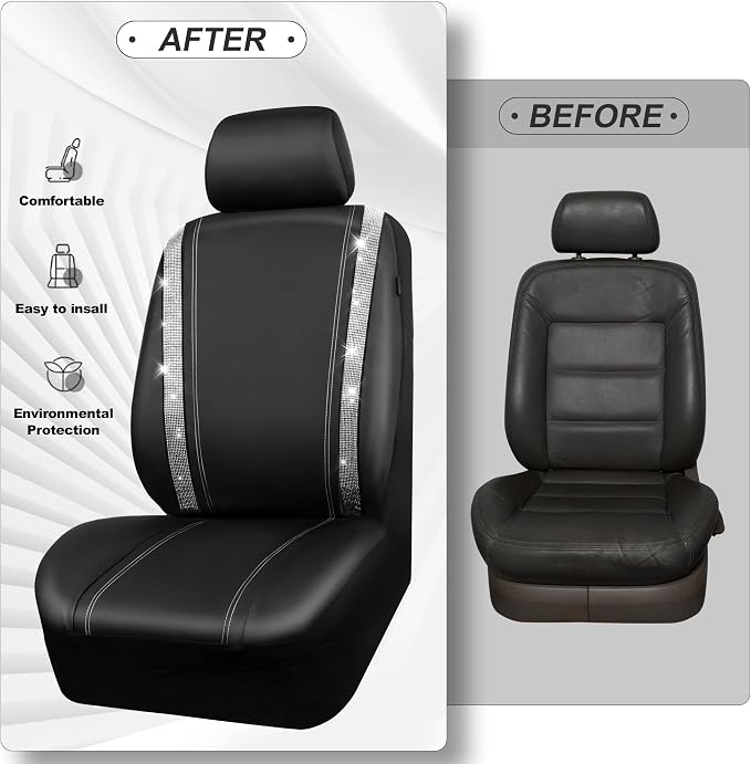 CAR PASS Bling Diamond Car Seat Covers, Shining Rhinestones Waterproof Faux Leather, 7 Seats 3 Rows with Zipper Glitter Crystal Sparkle Strips Universal Fit 95% MPV,SUV,CAR for Women Girl, Silver