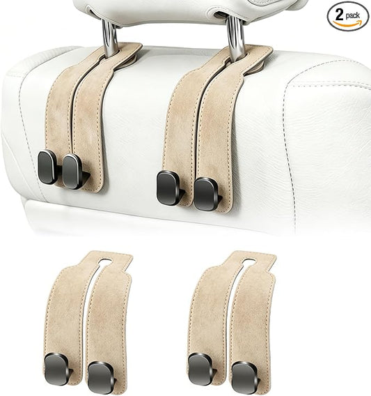 Amelity Car Headrest Hooks, Purse Hook for Car 2 Pack Beige | Universal Car Interior Accessories for Women, Available in 2/4 Pack, Storage Hanger Holds Purses, Backpacks, Grocery Bags