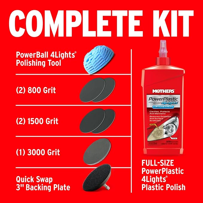 Mothers NuLens Headlight Renewal Kit (07251) | Quickly Restores & Maintains Clarity on All Headlight Types, PowerPlastic 4Lights Polish, Oxidation-Inhibiting Polymers