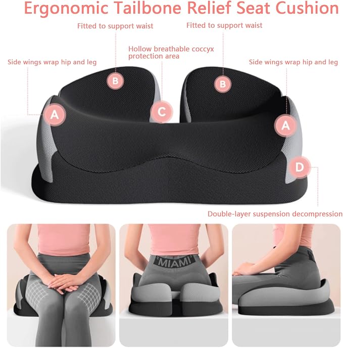 Memory Foam Ergonomic Seat Cushion for Office Chairs Pain Relief | Suitable for prolonged sitting, relieves tailbone pain, fits office chairs, wheelchairs, car seats and computer desk chairs