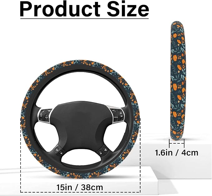 Orange Wildflowers Steering Wheel Cover, Cute Print Steering Wheel Cover Protector, Ultra Thin Breathable Non-Slip, Car Accessories for Women, for Steering Wheel with a Diameter of 14.5"-15"