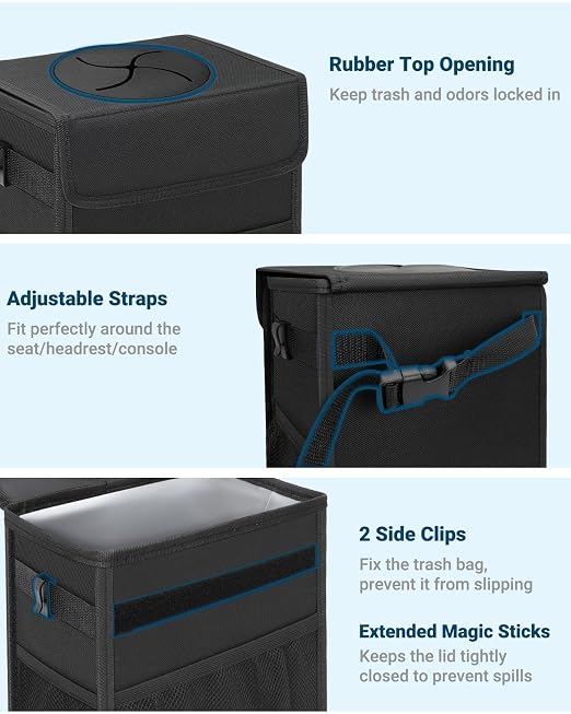 Capolo Car Trash Can with Lid, Leakproof Car Trash Bag Hanging Waterproof Automotive Garbage Can with Storage Pockets Mini Vehicle Trash Bin for Back/Front Seat(Black,3 Gallon)