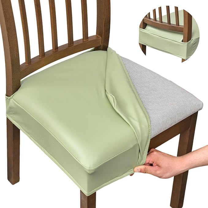 NILUOH Waterproof Seat Covers for Dining Room Chairs Set of 6, Pu Leather Chair Seat Slipcovers Dining Chair Cover Removable Washable Chair Protctor Cover, Rear Covers (PU-Light Green)