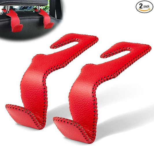 LivTee Red Superior Leather Car Seat Back Headrest Hook, Auto Seat Hook Hangers Interior Accessories for Purse Coats Umbrellas Grocery Bags Handbag, 2-Pack