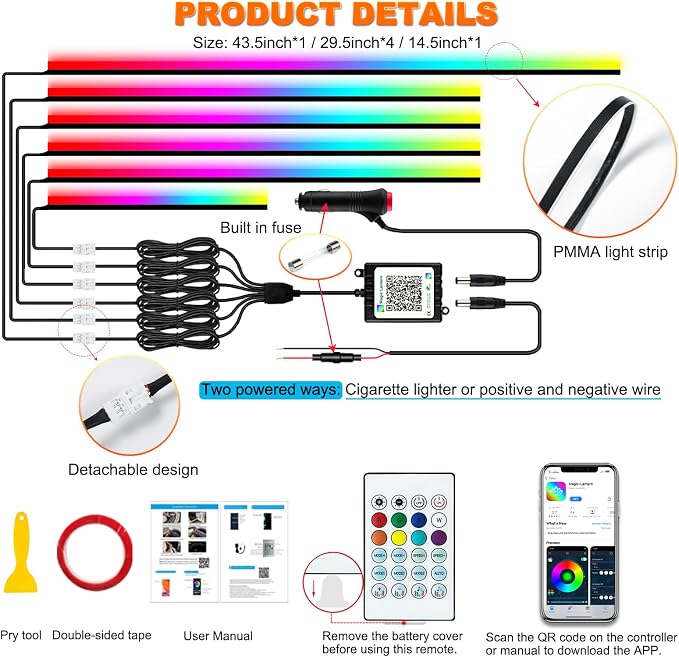 Jushope Interior Car LED Strip Lights, Acrylic LED Lights for Car with Dynamic Dreamcolor Chasing, Ambient Lighting Kits Music Sync Wireless APP and RF Remote Control (6 in 1)