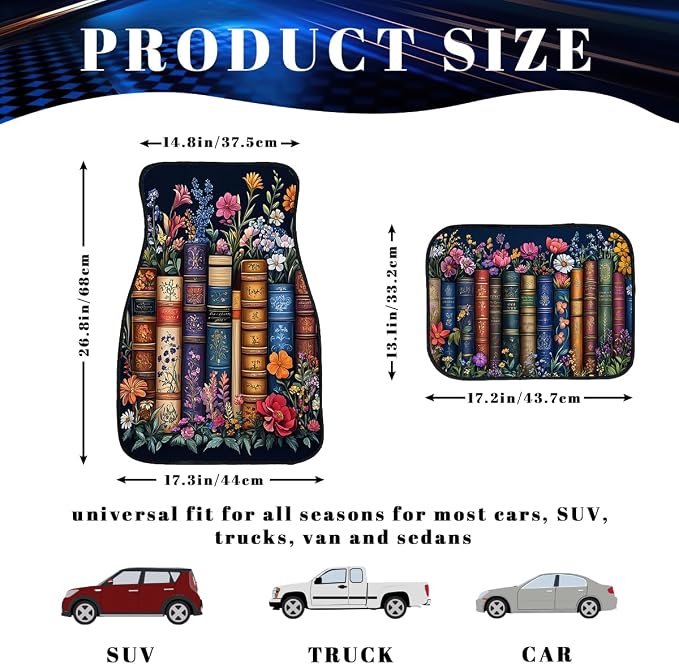 Bookshelf Car Floor Mats Educational Bookcase Watercolor Flowers Carpet Front Rear Carpets Mat Decorative Car Floor Carpets Non-Slip Auto Car Accessories Universal Fit Car Accessories for Truck