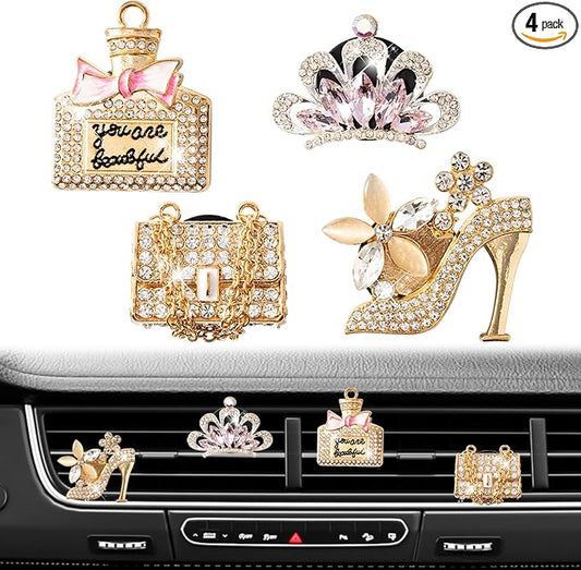 Rislobx 4PCS Bling Air Freshener Vent Clip, Crystal Diamond High Heel Shoe Bag Crown Perfume Bottle Diffuser Vent Clip Cute Car Bling Accessories Decoration for Women (Gold)