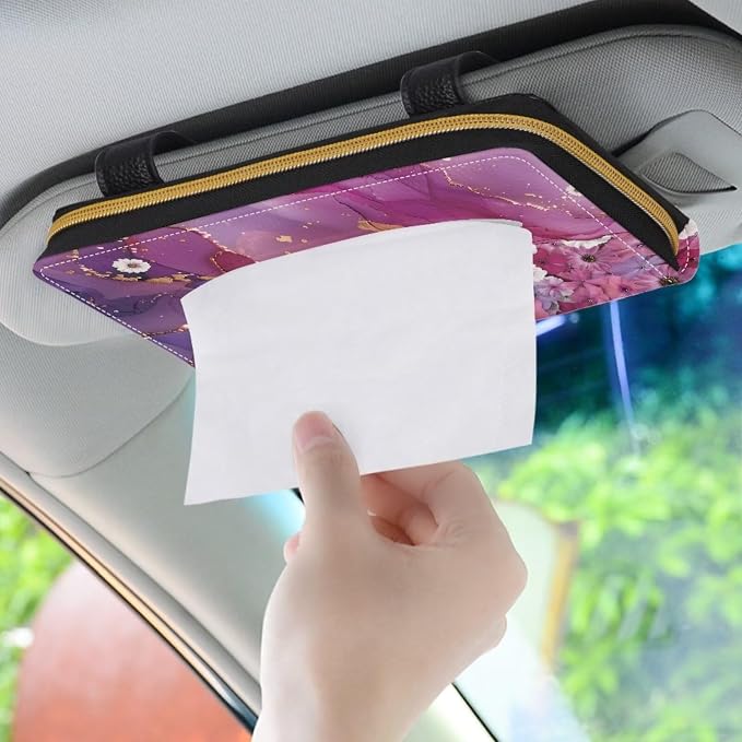 Purple Marble Flower Automotive PU Leather Backseat Tissue Case Holder Universal Car Visor Tissue Holder for SUV Sedans Vans