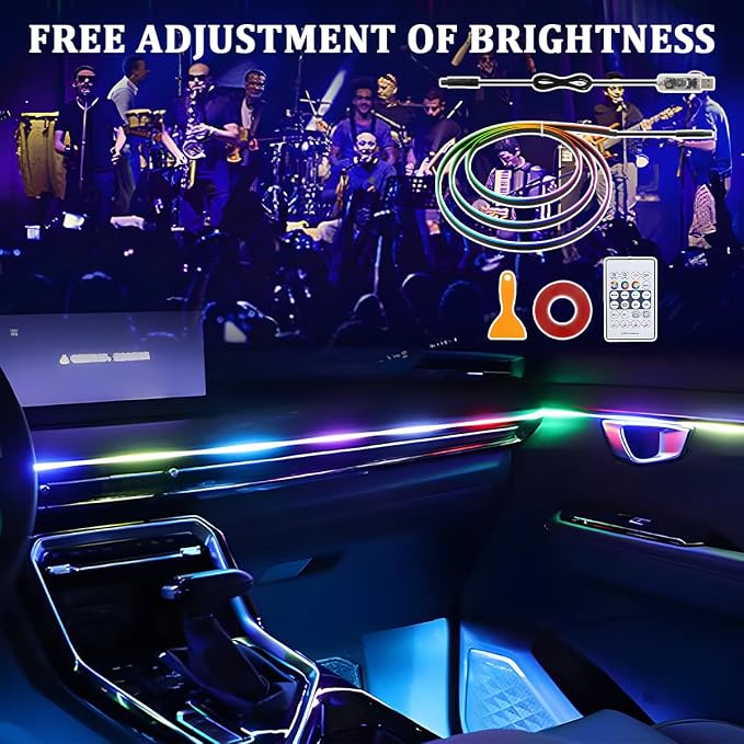 Car Interior Ambient LED Light with APP & Remote Control, 43.3" Music Mode Fiber Optic USB Powered Acrylic Atmosphere Lamp Strip, Flexible RGB Auto Inside Neon Light Kit, Universal Fit