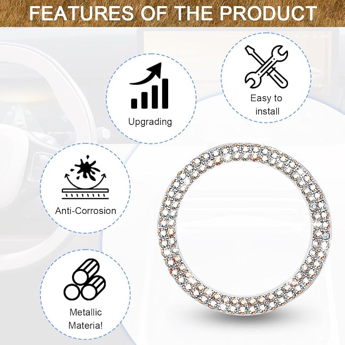 Bling Car Engine Start Ring Decals, 2PCS Sparkling Crystal Rhinestone Vehicle Push to Start Button Sticker, Diamond Auto Key Ignition Knob Decorative Ring, Universal for Vehicles (AB Color)