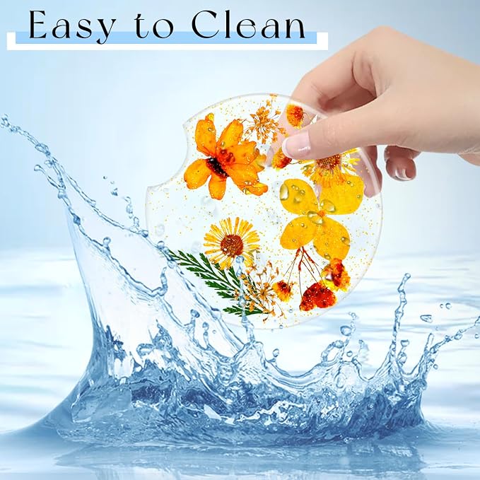 Swooflia Flower Car Cup Holder Coasters for Women - 2.75 Inch Cute Resin Clear Automotive Drink Cupholder Insert Car Accessories 2 Pack Orange Yellow
