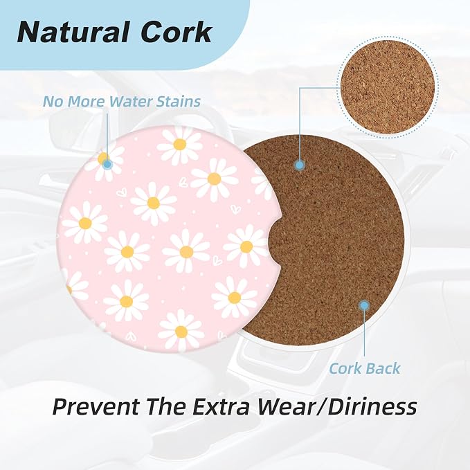Pink Daisy Flower Car Coasters for Cup Holders,2 Pack Car Cup Holder Coasters for Car,Ceramic Absorbent Car Coaster with A Finger Notch and Cork Base,Car Interior Accessories for Women Men