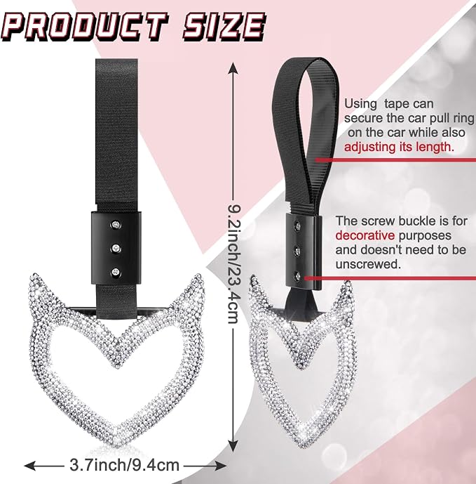 Fabbay Bling Car Accessories Bling Heart Handle Ring Car Accessory for Women Heart Hand Strap Drift Charm Rear Bumper Warning Ring Decor for auto Bus Interior Exterior Decoration(White,Devil Style)