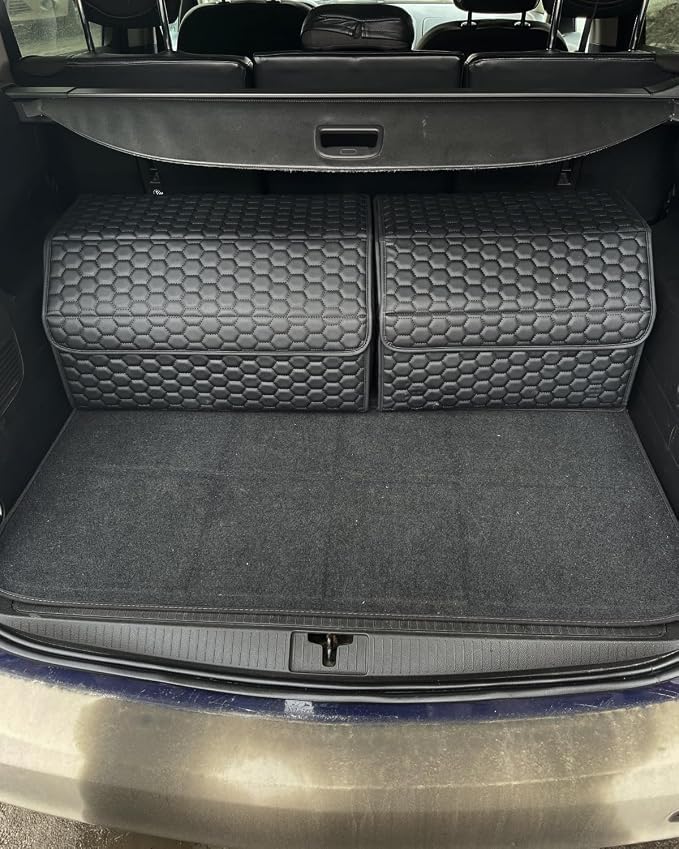 Owleys Car Storage Organizer Bundle - Two Foldable Crates For Groceries, Gear & Trips - Durable SUV And Truck Storage Set - Thoughtful Birthday Gifts For Drivers (Black 17+21)