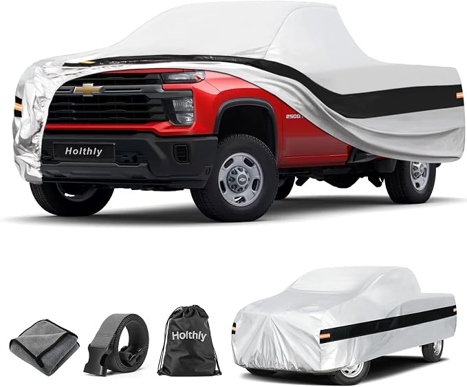 10 Layers Truck Cover Waterproof All Weather Custom Fit Chevrolet Silverado 2500 3500 Extended/Crew Cab Short Bed, Outdoor Full Exterior Pickup Car Cover Sun Rain Snow Protection. Sliver