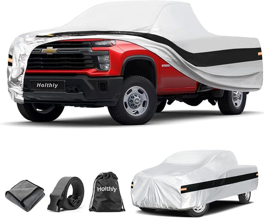 10 Layers Truck Cover Waterproof All Weather Custom Fit Chevrolet Silverado 2500 3500 Extended/Crew Cab Short Bed, Outdoor Full Exterior Pickup Car Cover Sun Rain Snow Protection. Sliver