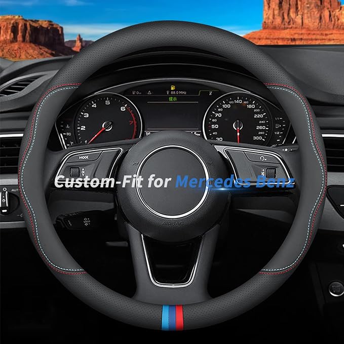Deer Route Custom-Fit Leather Steering Wheel Cover for Mercedes Benz, C-Style, Non-Slip, Breathable