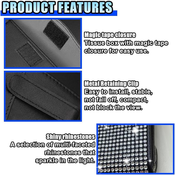 Bling Car Sun Visor Tissue Box Holder, PU Leather Auto Paper Towel Cover, Glitter Crystal Rhinestone Napkin Holder, Car Decoration Accessories for Women (Black/White)