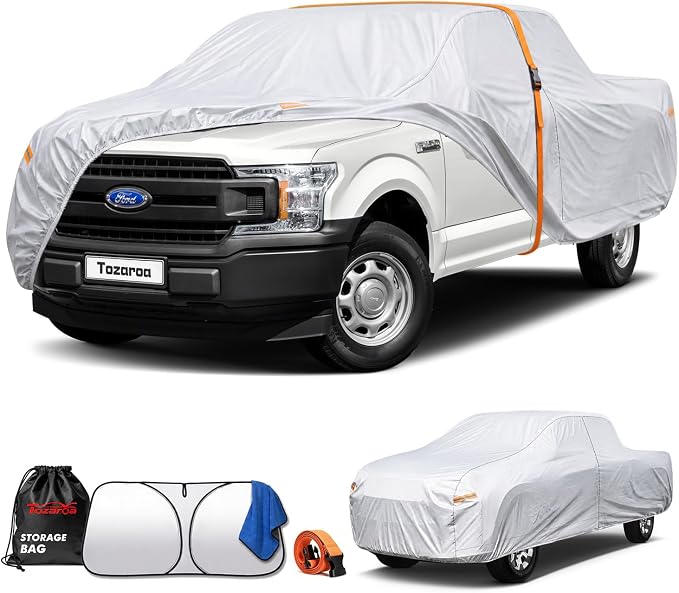 Truck Cover Waterproof All-Weather,Outdoor Pickup Covers(Length 229-242 inch) with Windshield Sun Shade Universal Fit Tacoma, Tundra, F-150, RAM 1500 etc,Size T4 (See Size Chart)