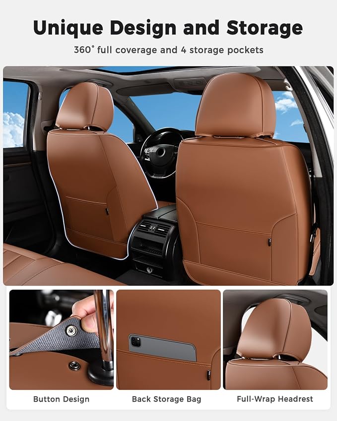 Huidasource Front Seat Covers, Universal Fit for Most Cars SUV Trucks, Full Coverage Leather Seat Cover, Airbag Compatble, Seat Function Retain, Storage Pocket Design, Easy to Install, Brown