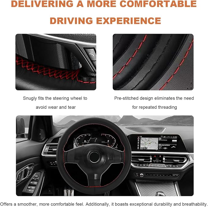 Genuine Leather Steering Wheel Cover, 15 Inch Stitch on Wheel Wrap with Needles & Threads, Breathable Steering Wheel Protector DIY Sewing Wrap for Car Truck SUV (Black & Red, Glossy)