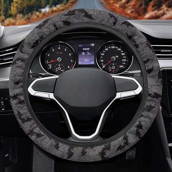 Wanyint Bat Spider Web Gray Car Steering Wheel Cover for Women Men, 15 Inch Soft Neoprene Stretchy Anti-Slip Washable Halloween Car Accessories Universal Fit for Sedans SUV