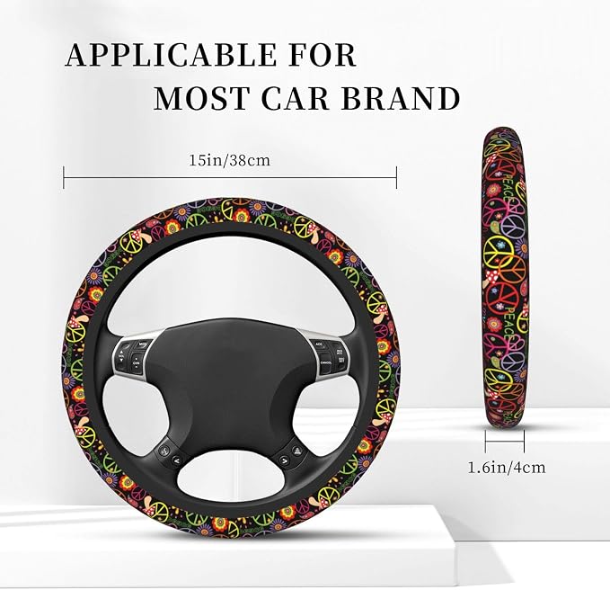 Hippie Peace Floral Mushroom Steering Wheel Cover for Women Men Girls Car Accessories Decor Anti-Slip Neoprene Auto Steering Wheel Covers Protector Universal 15 Inch
