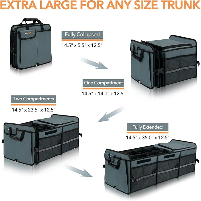HEYTRIP Large Trunk Organizer With Built-in Leakproof Cooler Bag, 2 Tie-Down Straps, 4 Removable Dividers, Foldable Cover, Built with 2mm PE Board, Gray