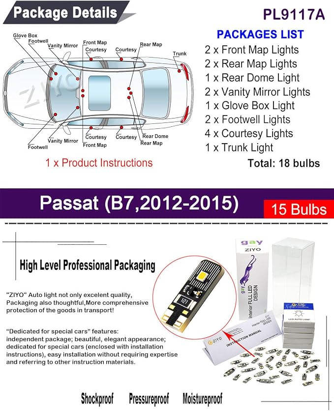 PL9117A Replacement for Volkswagen Passat B7 2012-2015 LED Interior Light kit, 6000K White LED Dome Light Bulbs Accessories Package Upgrade (15 Bulbs)