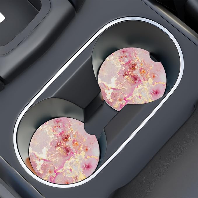Car Cup Holder Coaster, Car Coasters for Cup Holders, 2 Pack Universal Anti Slip Insert Absorbent Ceramic Auto Interior Accessories with A Finger Notch & Cork Base, Golden Pink Marble