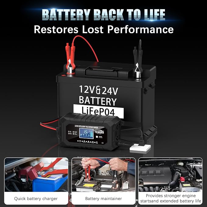 YONHAN 15-Amp 12V 24V Battery Charger LiFePO4 Trickle Charger | Car Battery Charger Fully-Automatic Smart Lead Acid Portable 9-Stage Smart Battery Maintainer with Temp Compensation