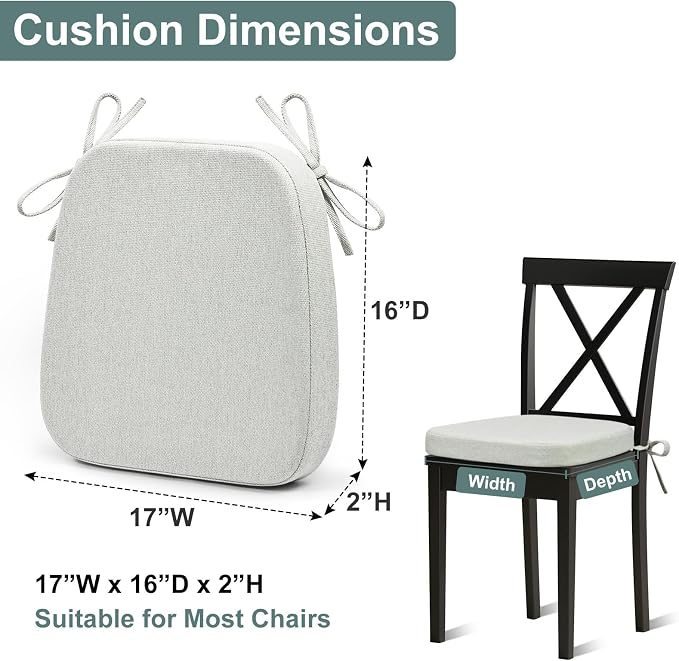 Shinnwa Dining Chair Cushions Set of 4, Patented Design Memory Foam Kitchen Chair Pads with Ties and Washable Cover, 4 Pack, 17" x 16" x 2", Off White