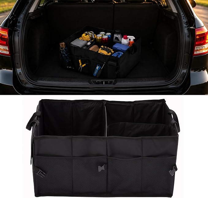 Car Trunk Organizer, Collapsible Multi Compartment Vehicle Storage Box, Waterproof Adjustable Automotive Organization Container Accessories, Universal for SUV, Sedan, Truck (Black)